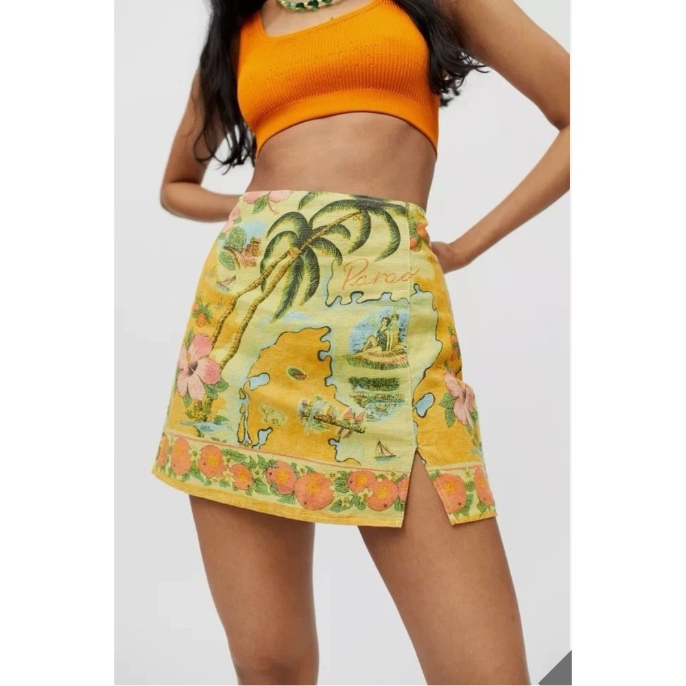 Urban Outfitters sz XS Paradise Tropical Linen Mini Skirt Yellow Resortwear Boho